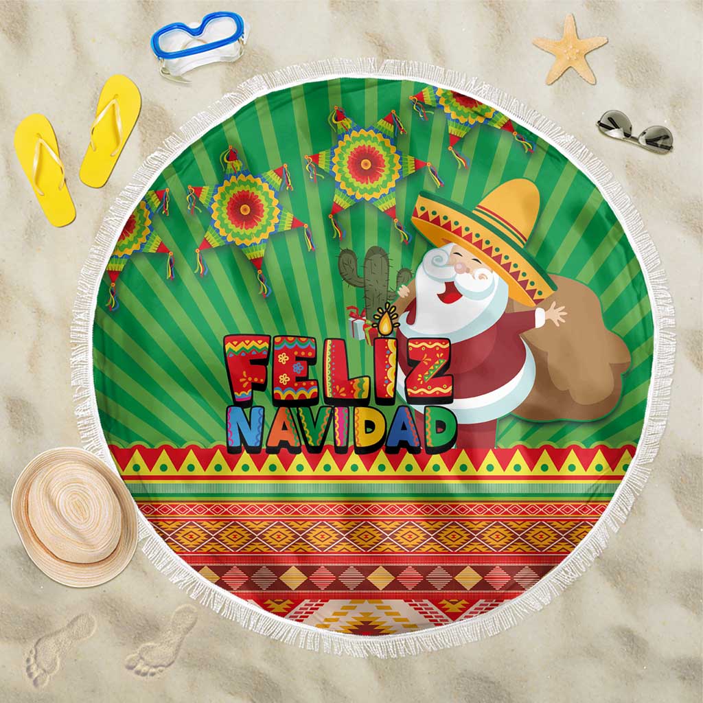 Green round beach blanket with tassel fringe, Feliz Navidad design and Santa cactus graphic