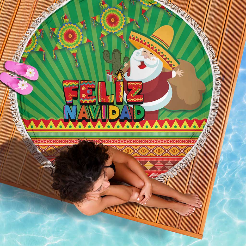 Green round beach blanket with tassel fringe, Feliz Navidad text and Santa cactus illustration