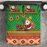 Green Feliz Navidad duvet cover set with Aztec geometric border and Santa graphic pillows