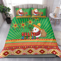 Green Feliz Navidad bedding set with striped cactus and Santa print, coordinating pillow