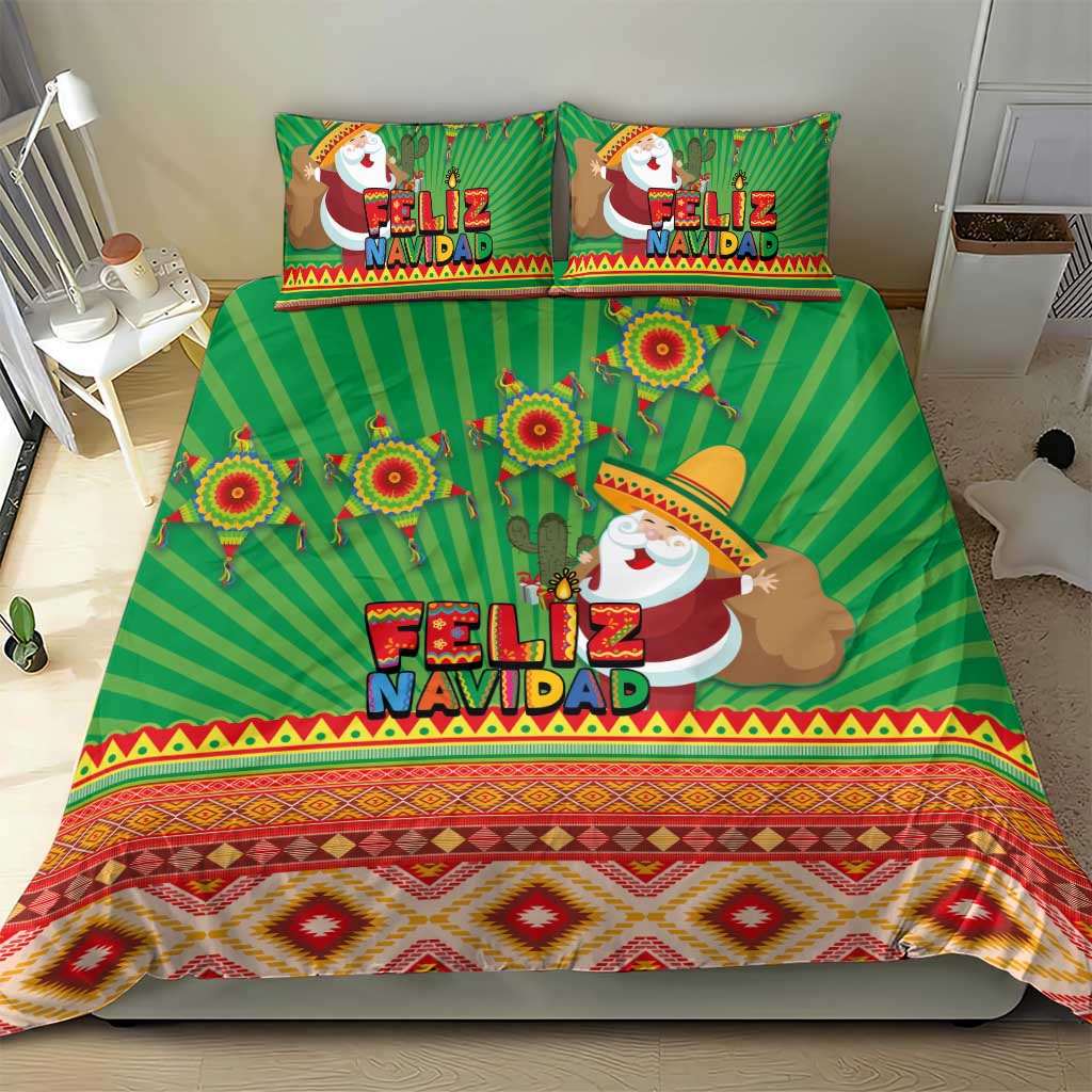Green Feliz Navidad bedding set with Santa graphic, cactus motifs, and geometric trim