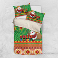 Green Feliz Navidad duvet cover set with two pillow shams and geometric Aztec-style pattern