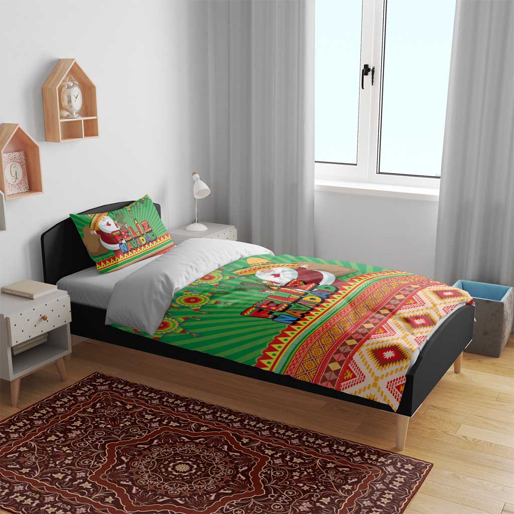 Green Feliz Navidad duvet and pillow set with Santa graphic and geometric border