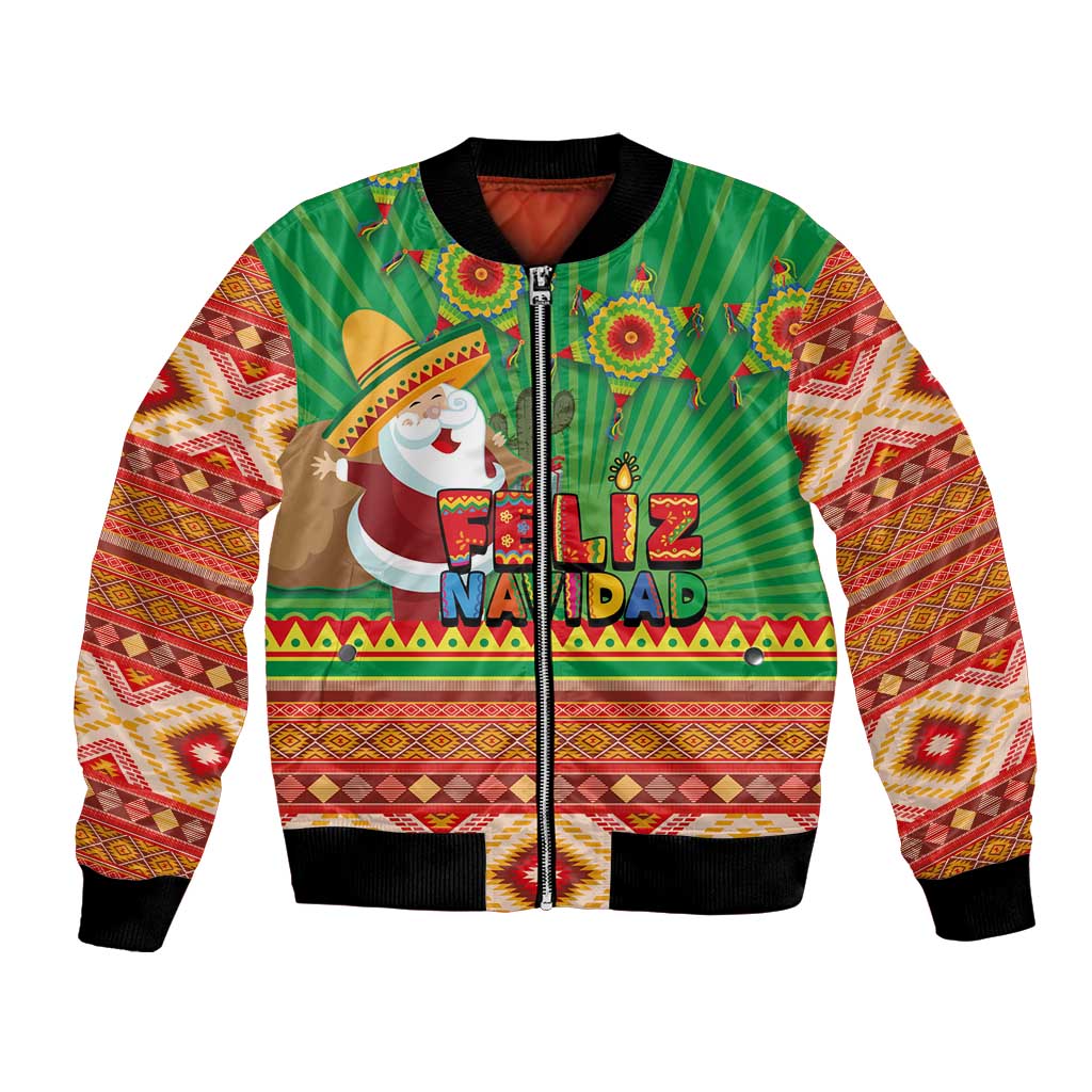 Green unisex bomber jacket with Aztec geometric trim and 'Feliz Navidad' graphic