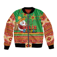 Green unisex bomber jacket with Aztec geometric trim and 'Feliz Navidad' graphic