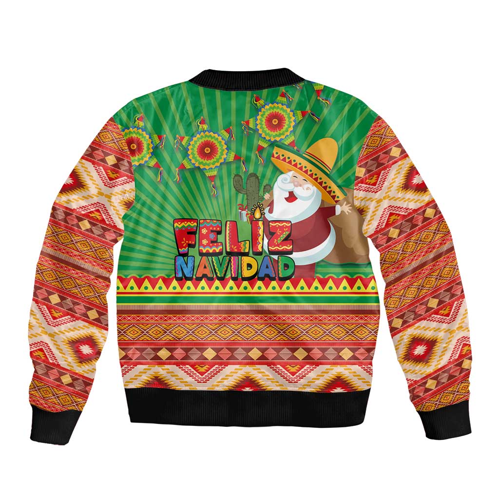 Green bomber jacket with Aztec sleeve panels and 'Feliz Navidad' Santa back graphic