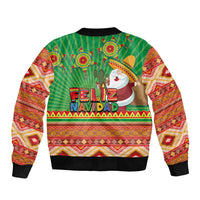 Green bomber jacket with Aztec sleeve panels and 'Feliz Navidad' Santa back graphic
