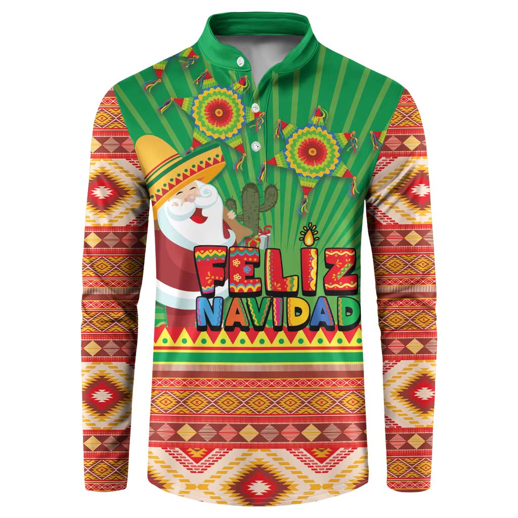 Green button sweatshirt with Feliz Navidad, Aztec geometric sleeves and cactus graphic