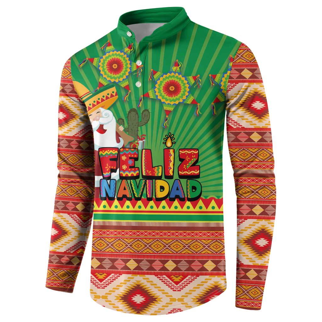Green button sweatshirt with Feliz Navidad text and cactus, striped Aztec sleeve print