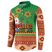 Green button sweatshirt with Feliz Navidad text and cactus, striped Aztec sleeve print