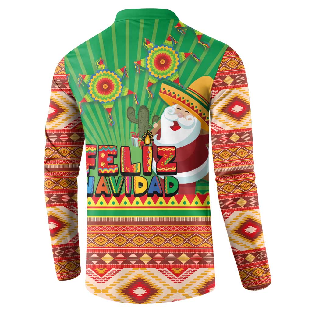 Green button sweatshirt back with Feliz Navidad text, cactus and desert Aztec patterns
