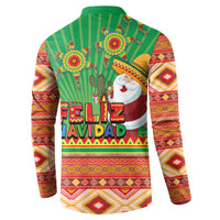 Green button sweatshirt back with Feliz Navidad text, cactus and desert Aztec patterns