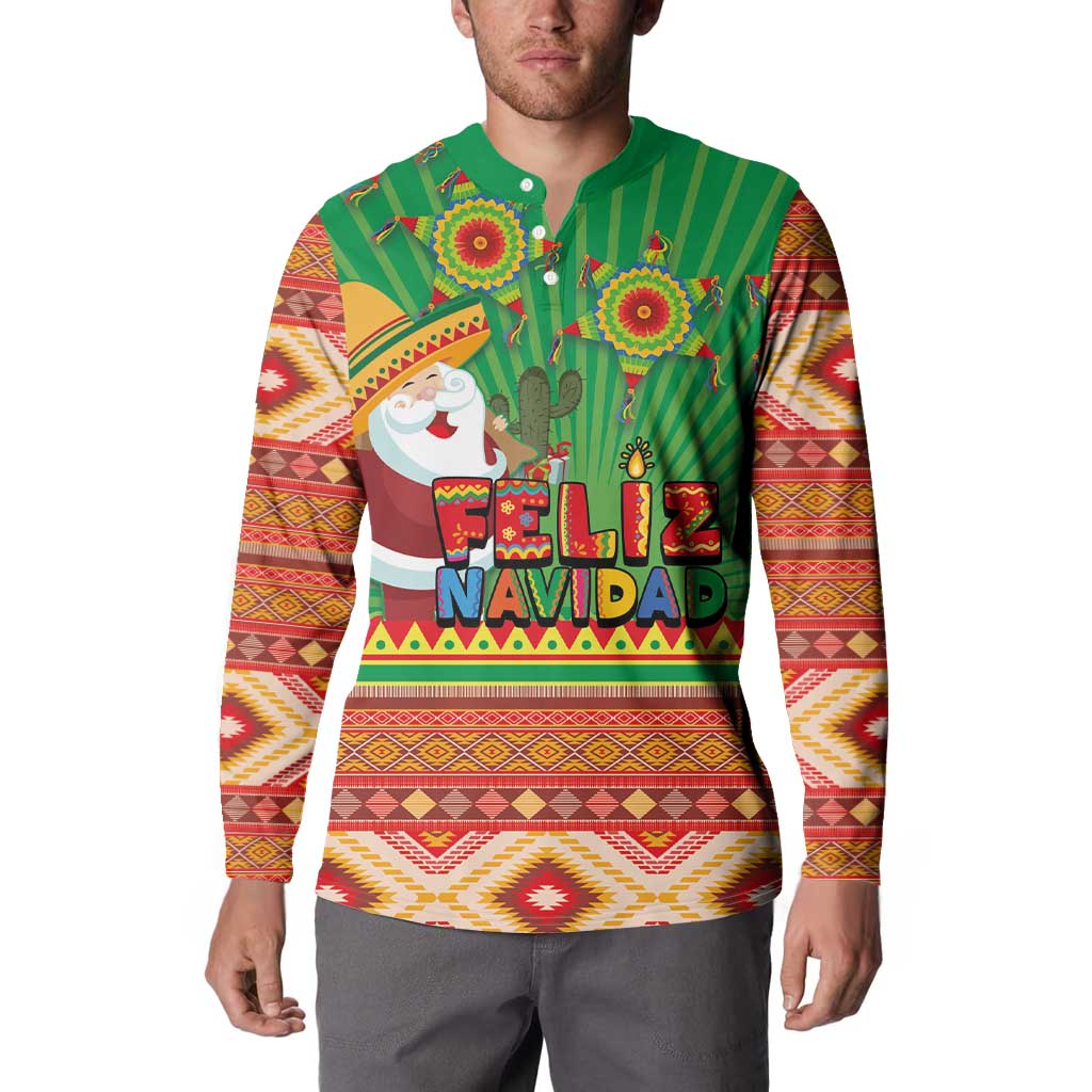 Green button sweatshirt worn by man, Feliz Navidad graphic and Aztec geometric sleeves