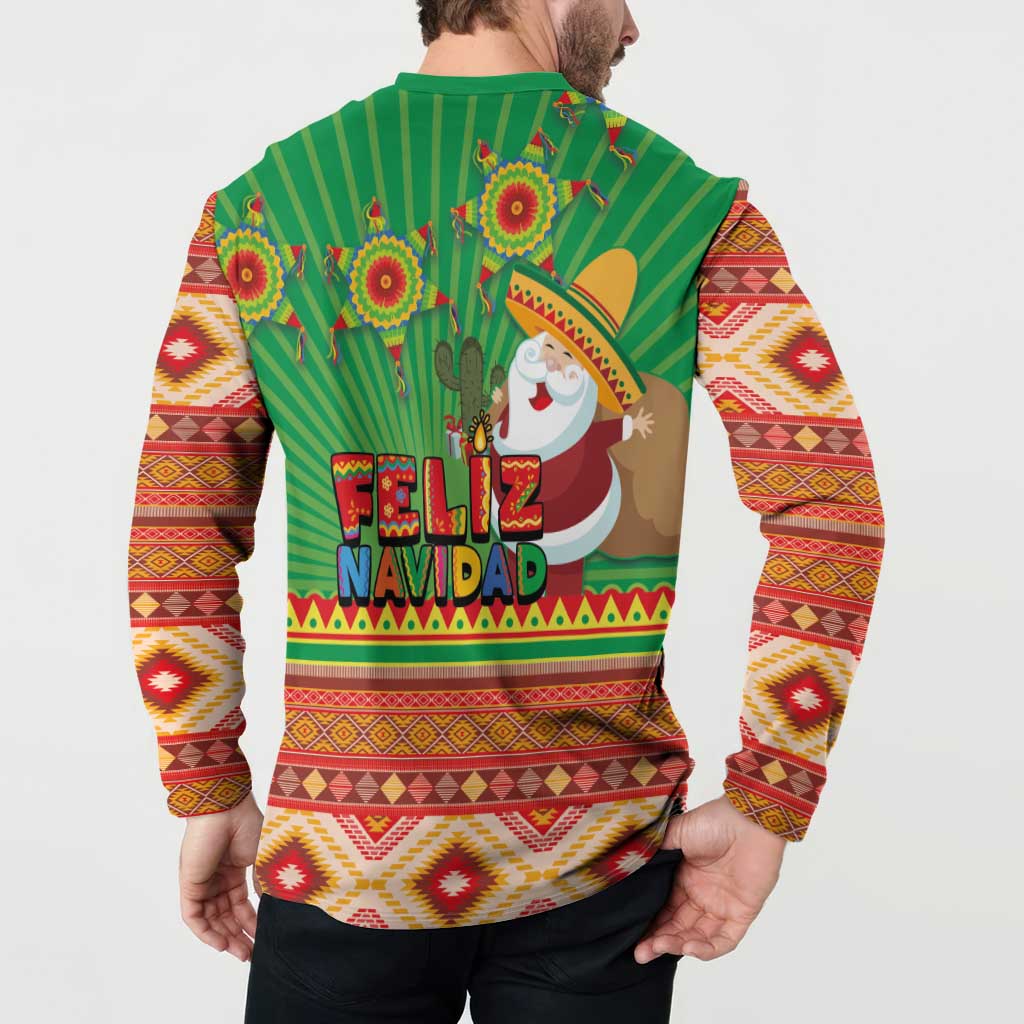 Green button sweatshirt worn by man, back Feliz Navidad cactus graphic with Aztec print