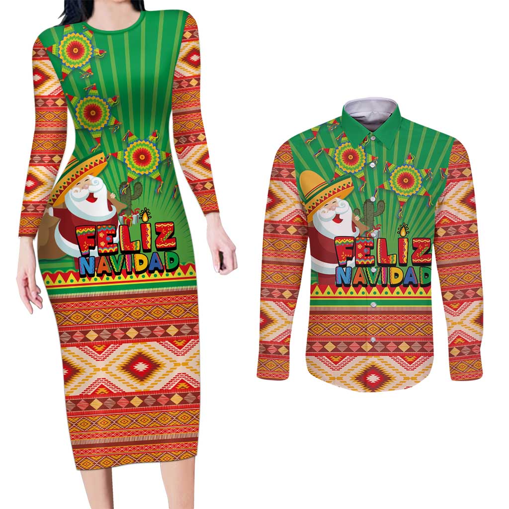 Mexico Couples Matching Long Sleeve Bodycon Dress and Long Sleeve Button Shirt Feliz Navidad Aztec Geometric Pattern