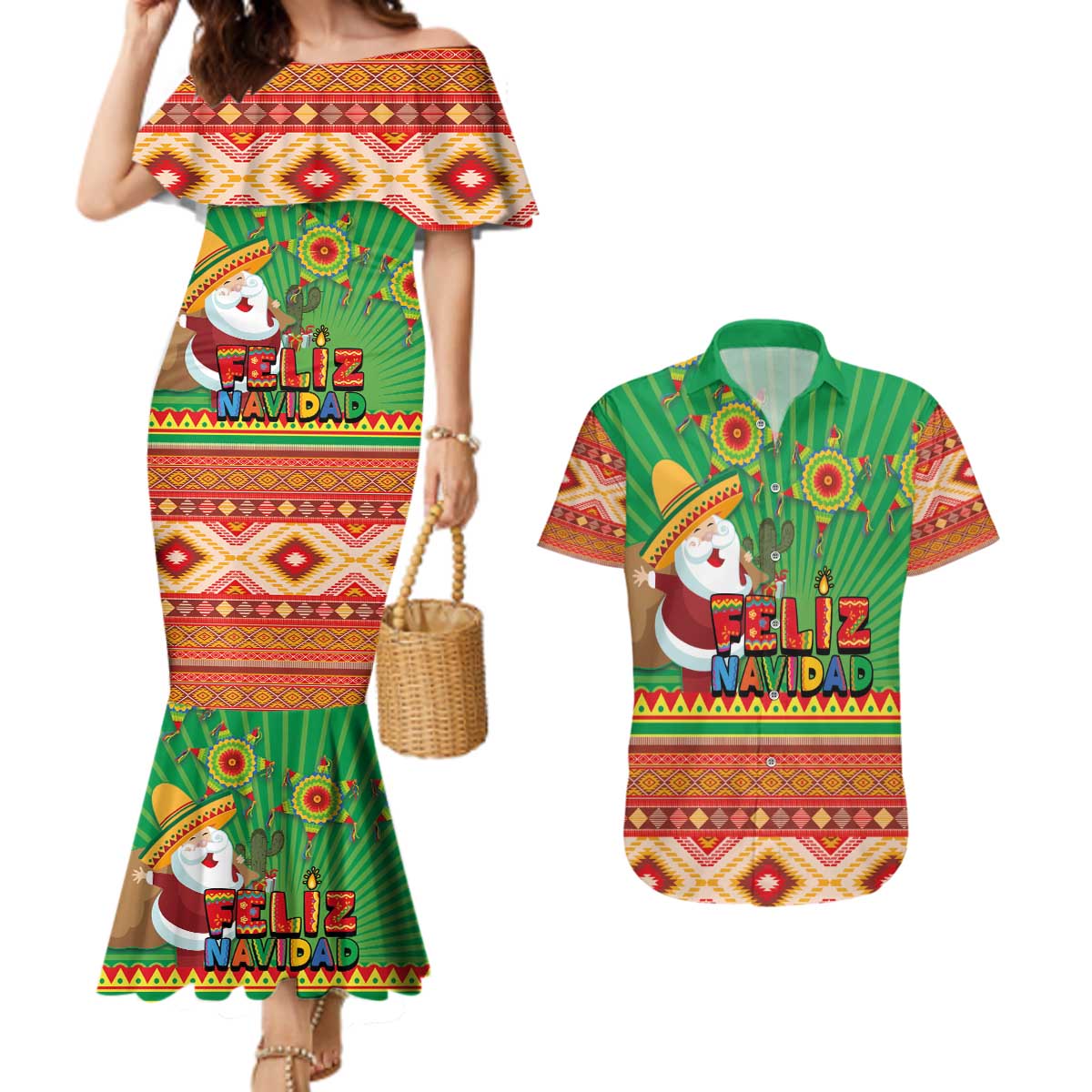 Mexico Couples Matching Mermaid Dress and Hawaiian Shirt Feliz Navidad Aztec Geometric Pattern