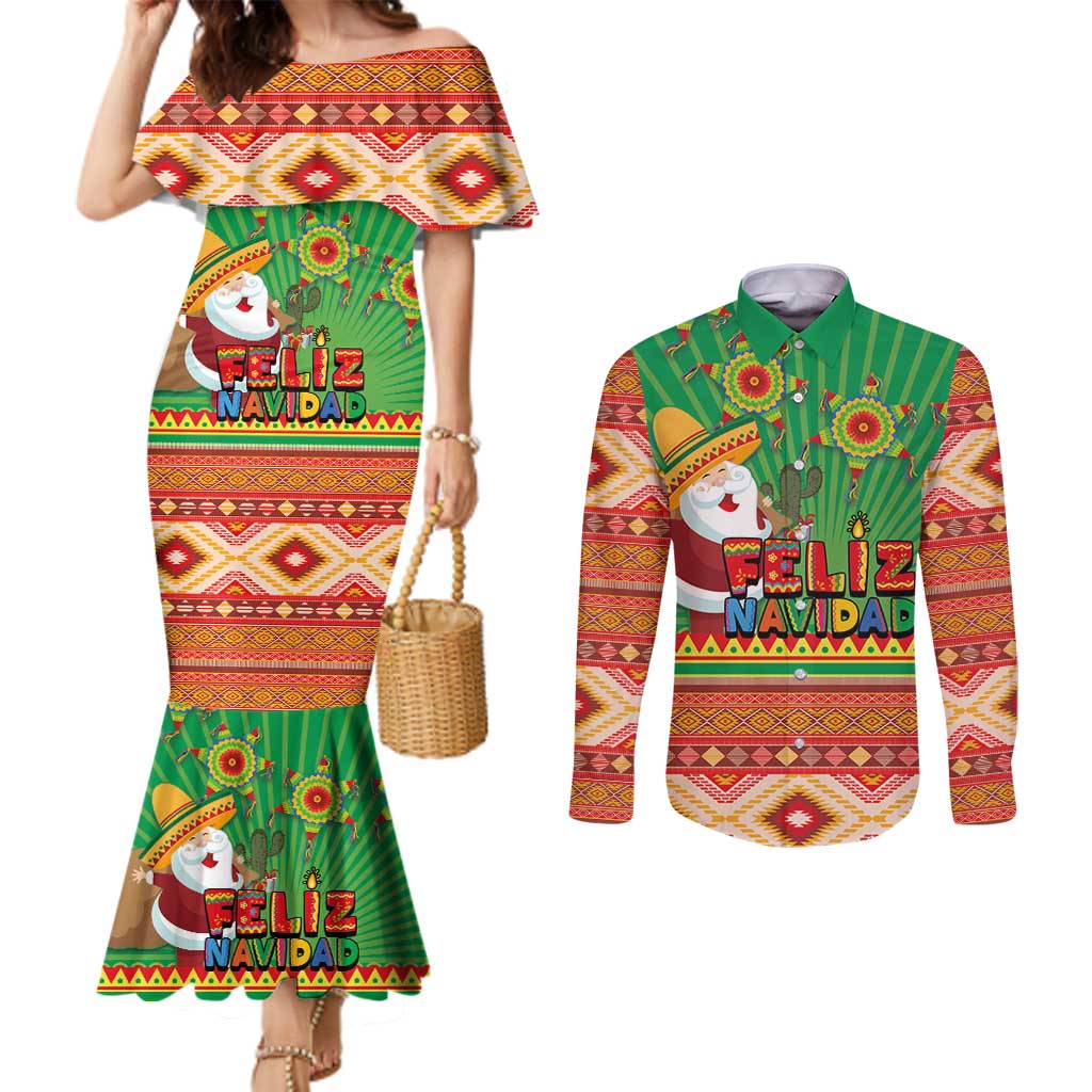 Mexico Couples Matching Mermaid Dress and Long Sleeve Button Shirt Feliz Navidad Aztec Geometric Pattern