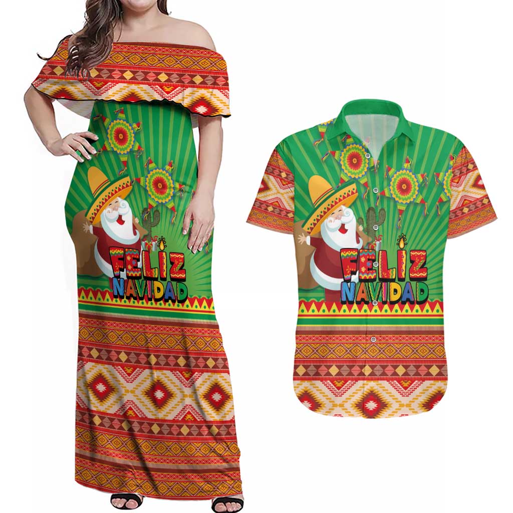 Mexico Couples Matching Off Shoulder Maxi Dress and Hawaiian Shirt Feliz Navidad Aztec Geometric Pattern