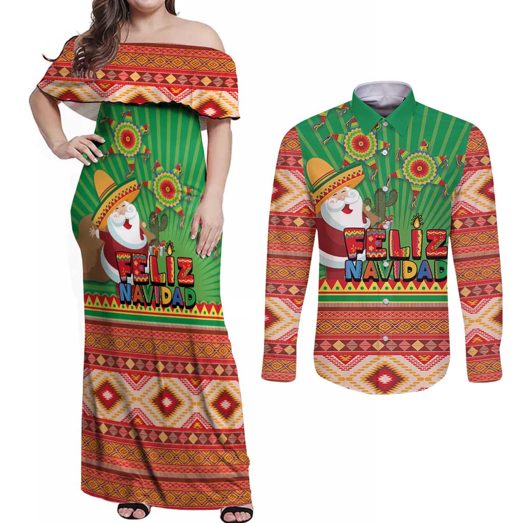 Mexico Couples Matching Off Shoulder Maxi Dress and Long Sleeve Button Shirt Feliz Navidad Aztec Geometric Pattern