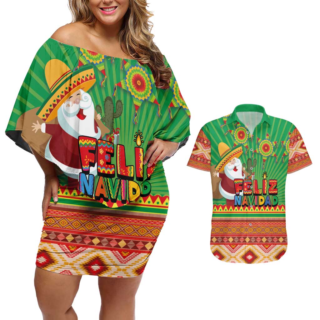 Mexico Couples Matching Off Shoulder Short Dress and Hawaiian Shirt Feliz Navidad Aztec Geometric Pattern