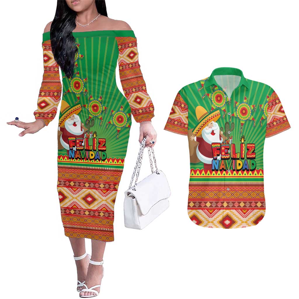 Mexico Couples Matching Off The Shoulder Long Sleeve Dress and Hawaiian Shirt Feliz Navidad Aztec Geometric Pattern