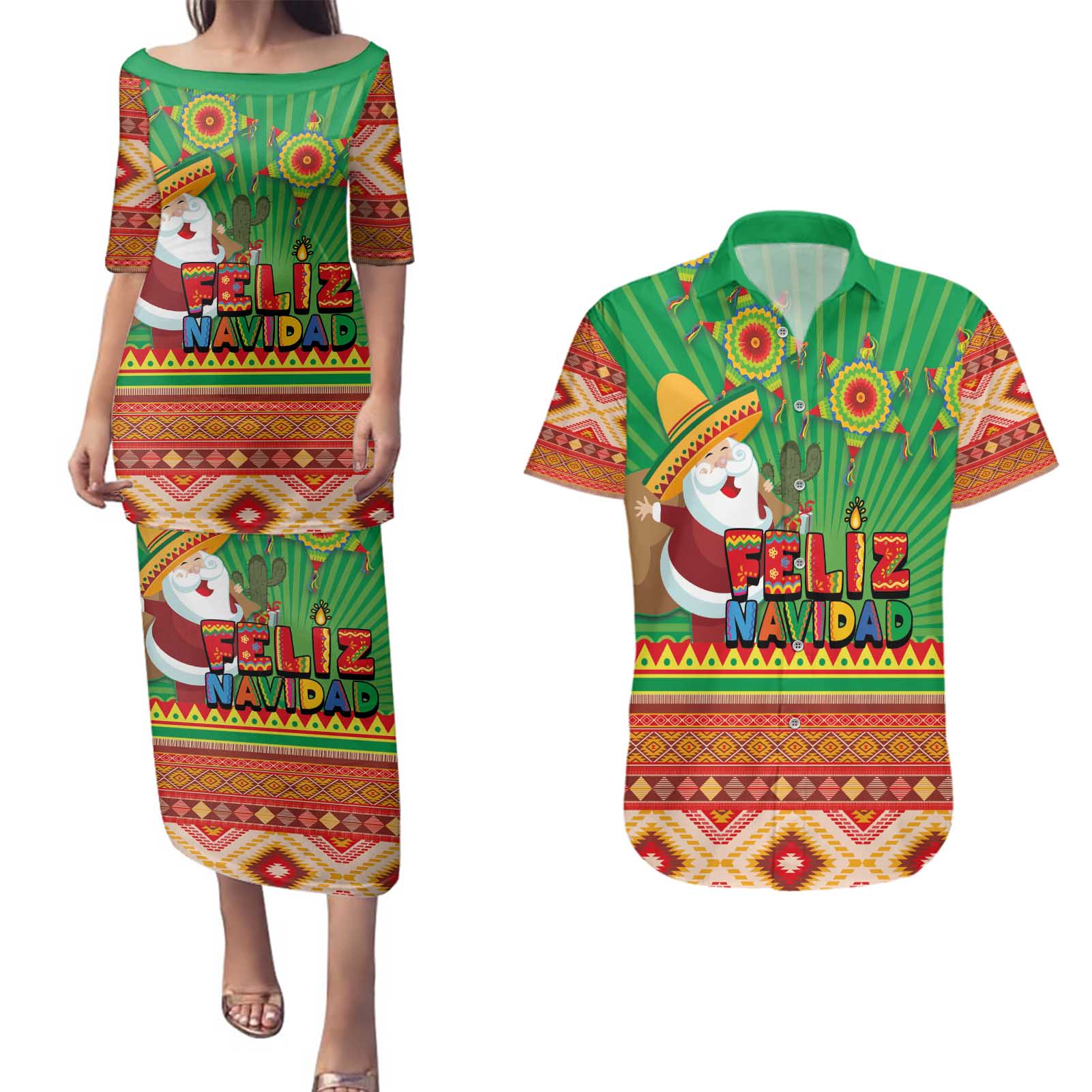 Mexico Couples Matching Puletasi and Hawaiian Shirt Feliz Navidad Aztec Geometric Pattern