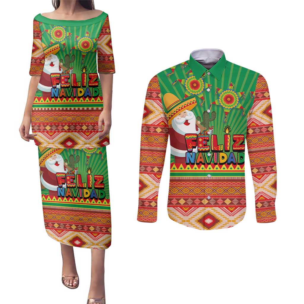 Mexico Couples Matching Puletasi and Long Sleeve Button Shirt Feliz Navidad Aztec Geometric Pattern