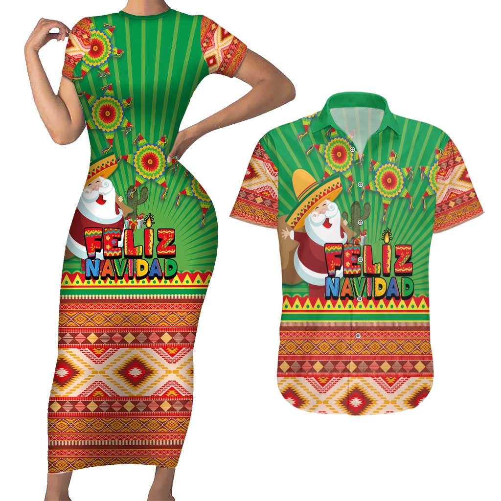 Mexico Couples Matching Short Sleeve Bodycon Dress and Hawaiian Shirt Feliz Navidad Aztec Geometric Pattern