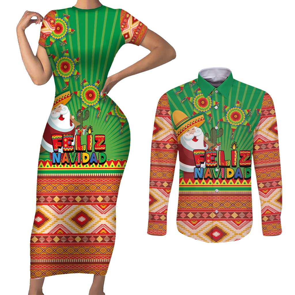 Mexico Couples Matching Short Sleeve Bodycon Dress and Long Sleeve Button Shirt Feliz Navidad Aztec Geometric Pattern