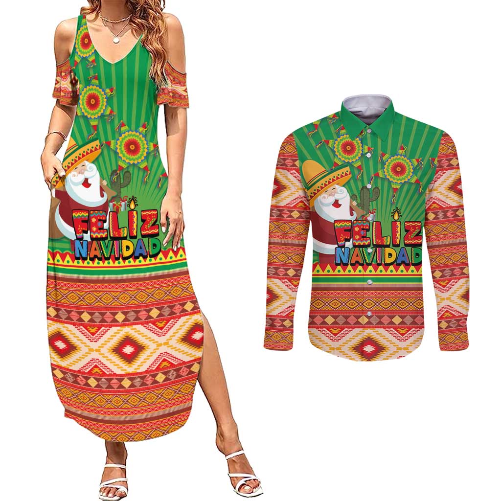 Mexico Couples Matching Summer Maxi Dress and Long Sleeve Button Shirt Feliz Navidad Aztec Geometric Pattern