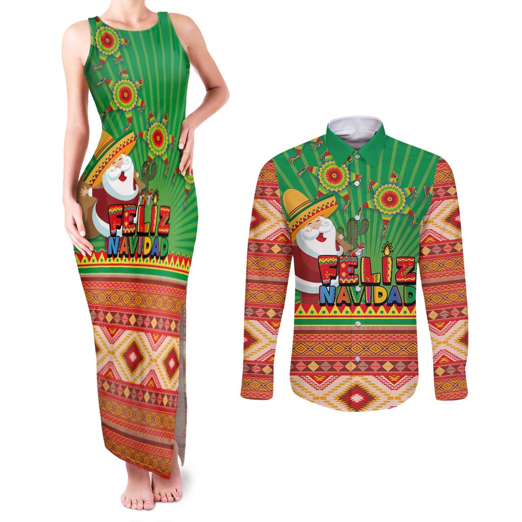 Mexico Couples Matching Tank Maxi Dress and Long Sleeve Button Shirt Feliz Navidad Aztec Geometric Pattern