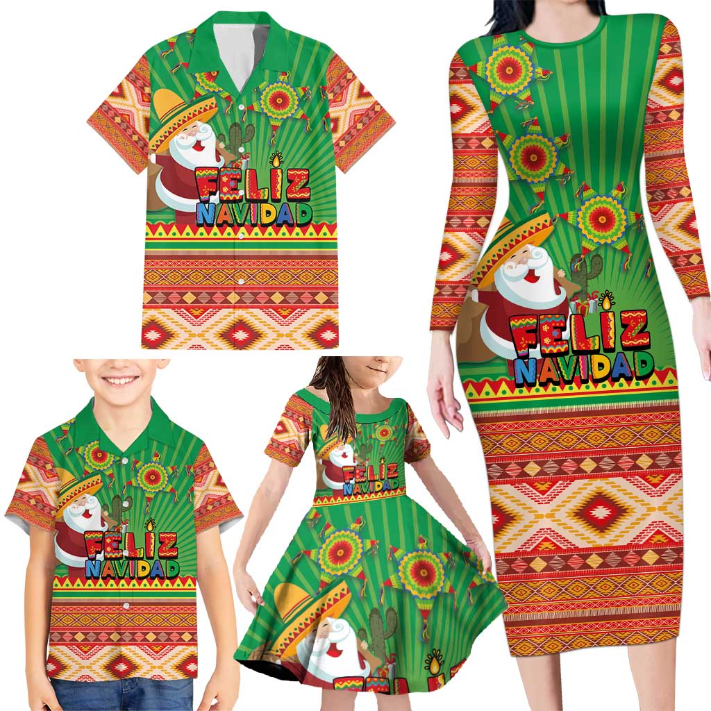 Mexico Family Matching Long Sleeve Bodycon Dress and Hawaiian Shirt Feliz Navidad Aztec Geometric Pattern