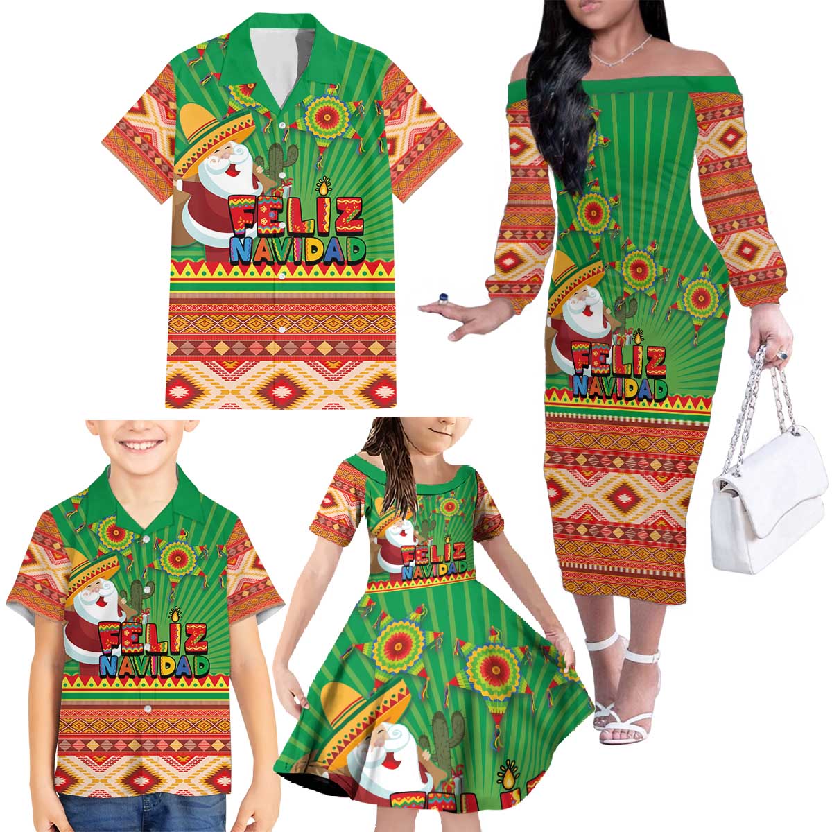 Mexico Family Matching Off The Shoulder Long Sleeve Dress and Hawaiian Shirt Feliz Navidad Aztec Geometric Pattern