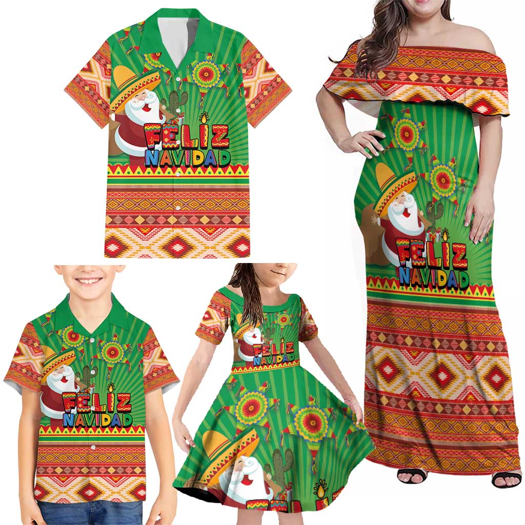 Mexico Family Matching Off Shoulder Maxi Dress and Hawaiian Shirt Feliz Navidad Aztec Geometric Pattern