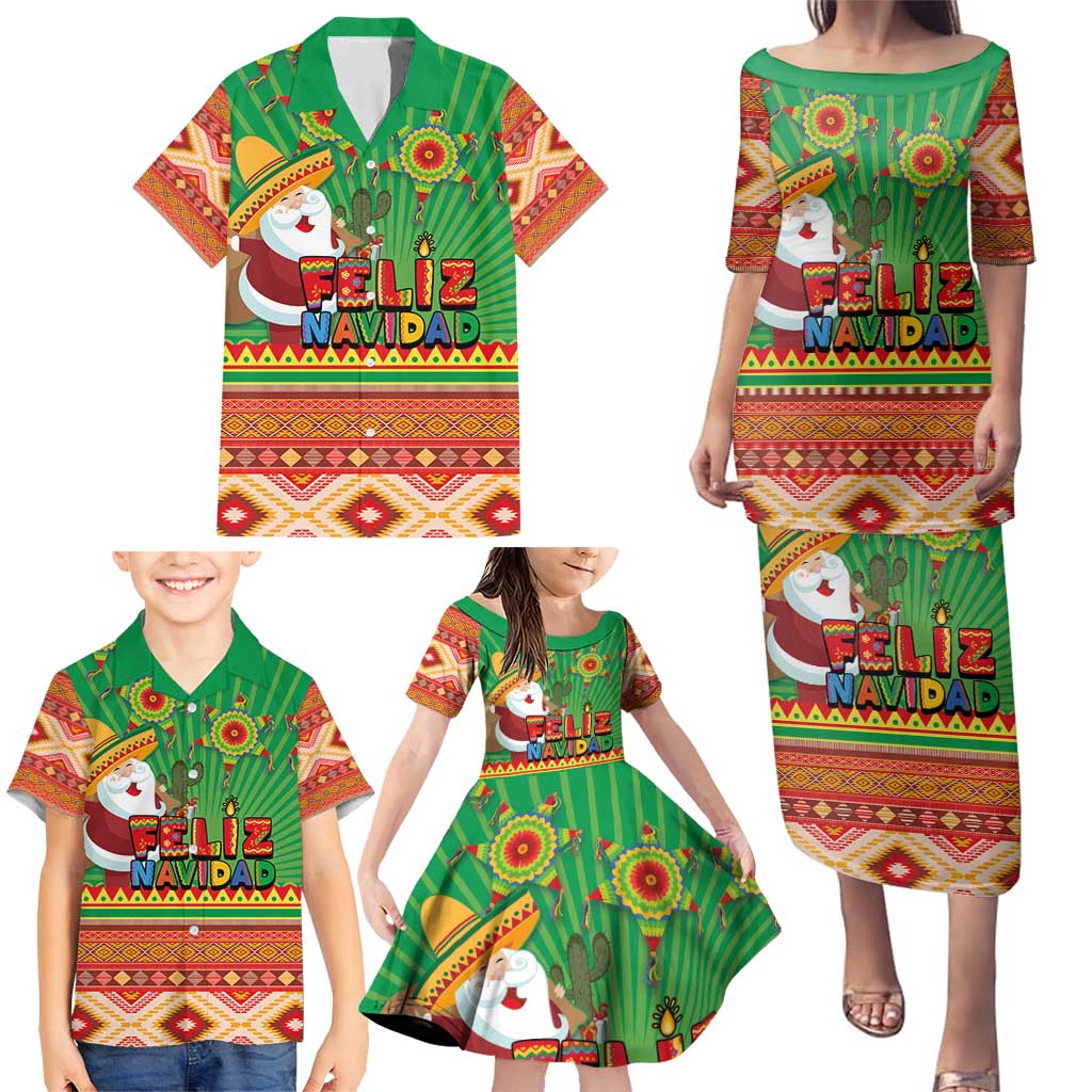 Mexico Family Matching Puletasi and Hawaiian Shirt Feliz Navidad Aztec Geometric Pattern