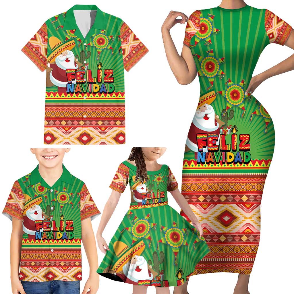 Mexico Family Matching Short Sleeve Bodycon Dress and Hawaiian Shirt Feliz Navidad Aztec Geometric Pattern