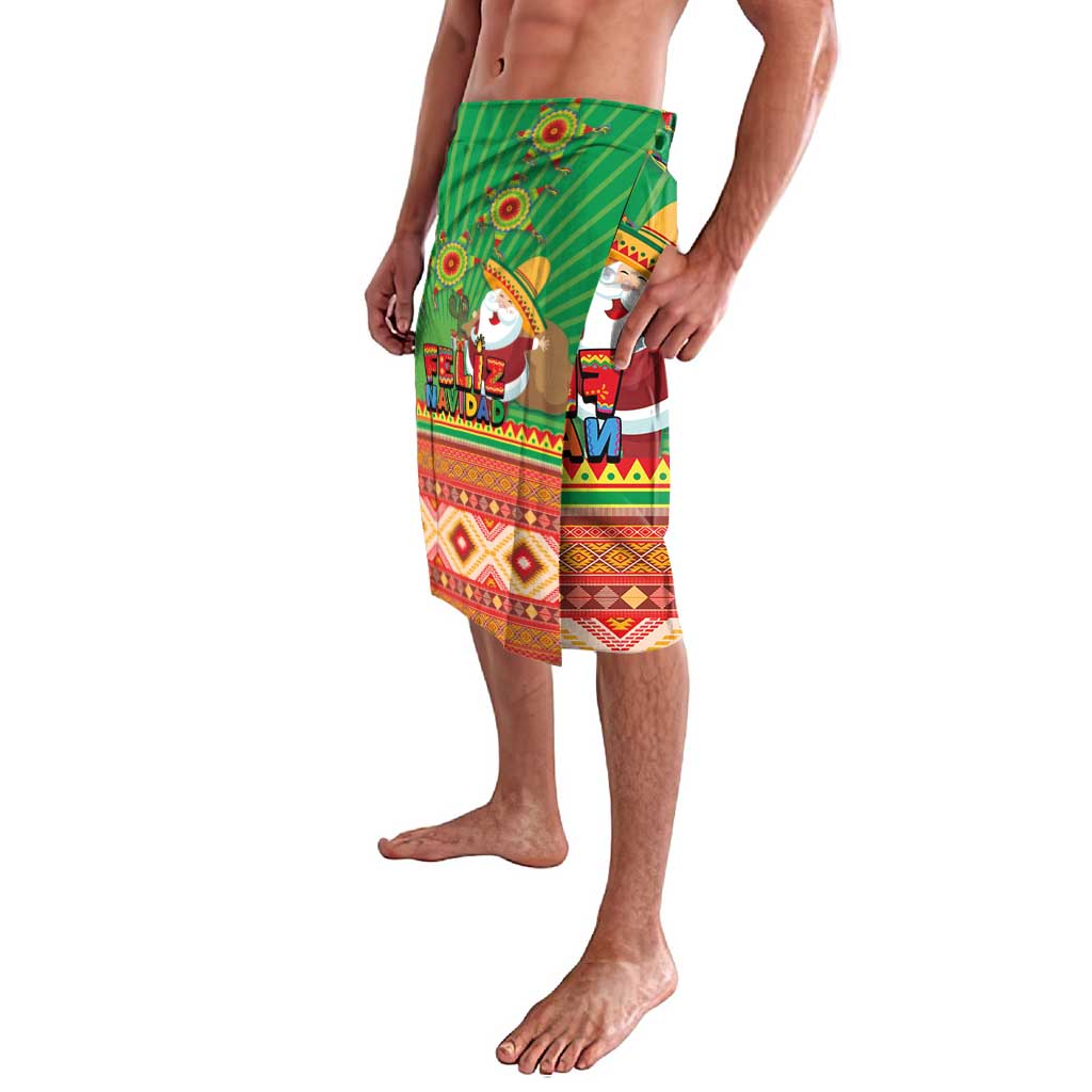 Green Feliz Navidad patterned shorts with Aztec geometric hem and Santa graphic