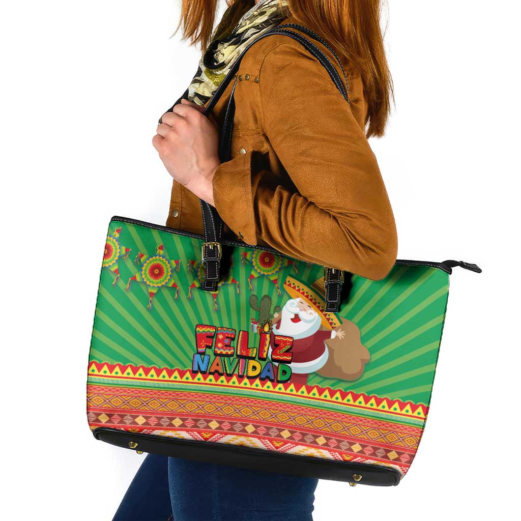 Mexico Leather Tote Bag Feliz Navidad Aztec Geometric Pattern - Wonder Print Shop