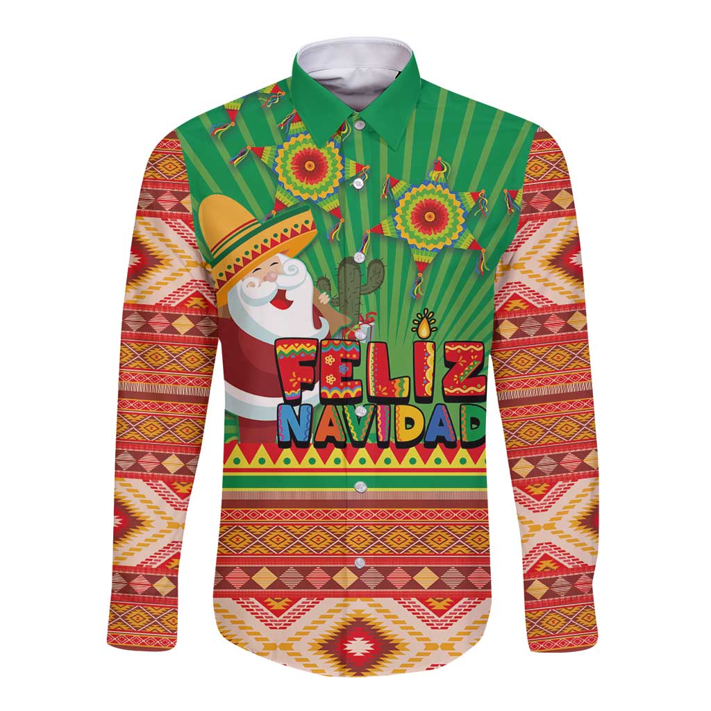 Green long-sleeve button shirt with 'Feliz Navidad' graphic and Aztec geometric trim