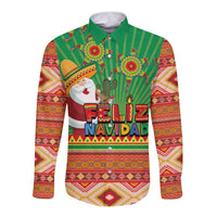 Green long-sleeve button shirt with 'Feliz Navidad' graphic and Aztec geometric trim