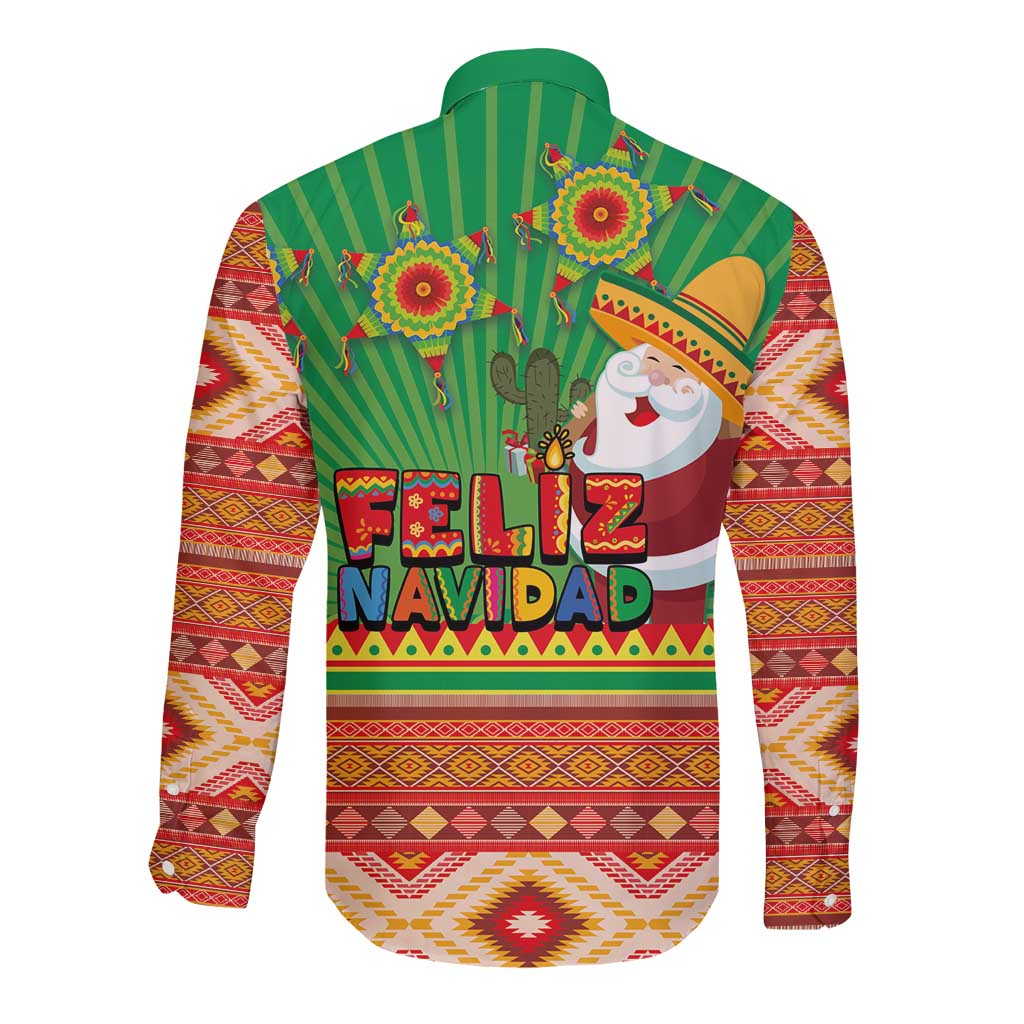 Green long-sleeve button shirt with sombrero cactus art, 'Feliz Navidad' text, Aztec sleeves