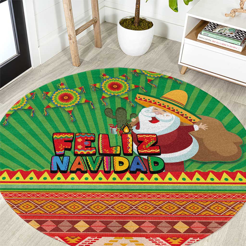 Green round area rug with Feliz Navidad lettering, Santa figure, and Aztec geometric border