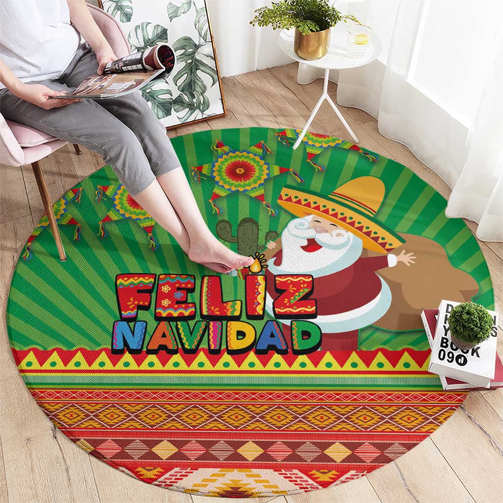 Green round area rug featuring Feliz Navidad text, Santa on reindeer, and geometric trim