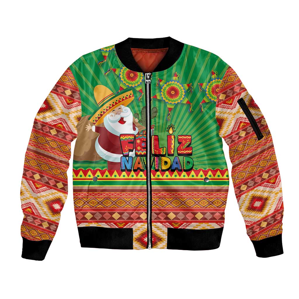 Mexico Sleeve Zip Bomber Jacket Feliz Navidad Aztec Geometric Pattern