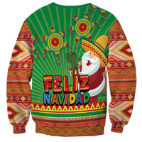 Green sweatshirt with Santa hat, cactus and 'NAVIDAD' text, geometric Aztec bands