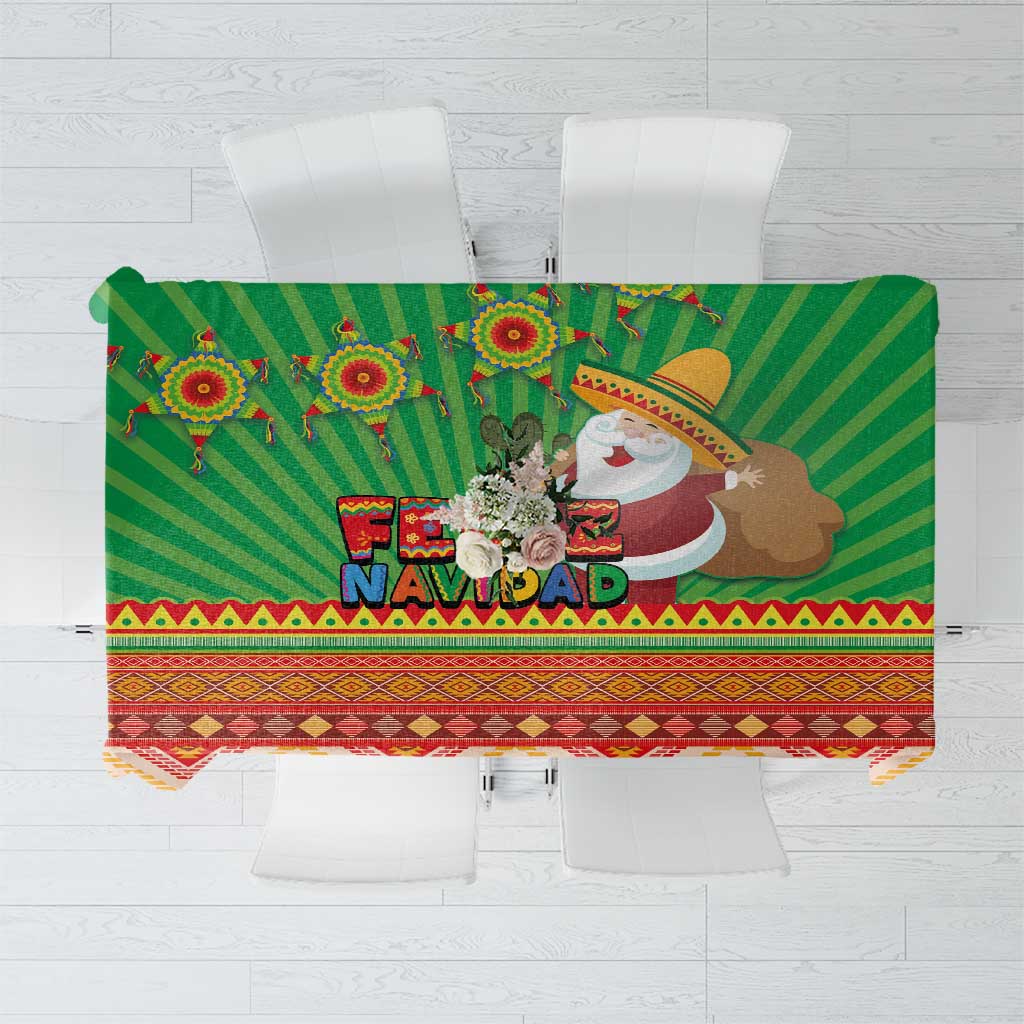 Green tablecloth with Feliz Navidad text and Aztec geometric accents, multicolor border