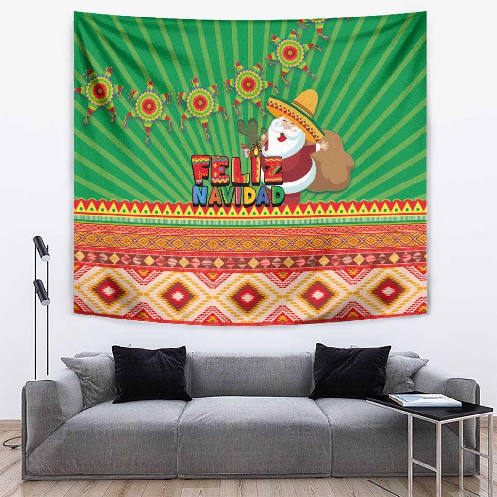 Green Feliz Navidad tapestry with Aztec geometric border and stylized figures