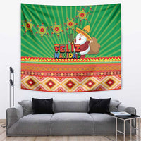 Green Feliz Navidad tapestry with Aztec geometric border and stylized figures