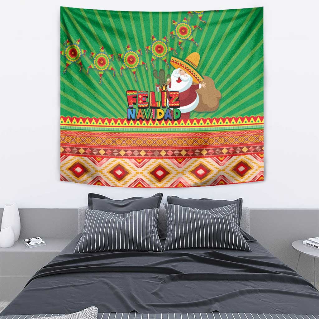 Green Feliz Navidad tapestry featuring Aztec diamond pattern border