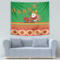 Green Feliz Navidad tapestry with Aztec diamond and stripe trim